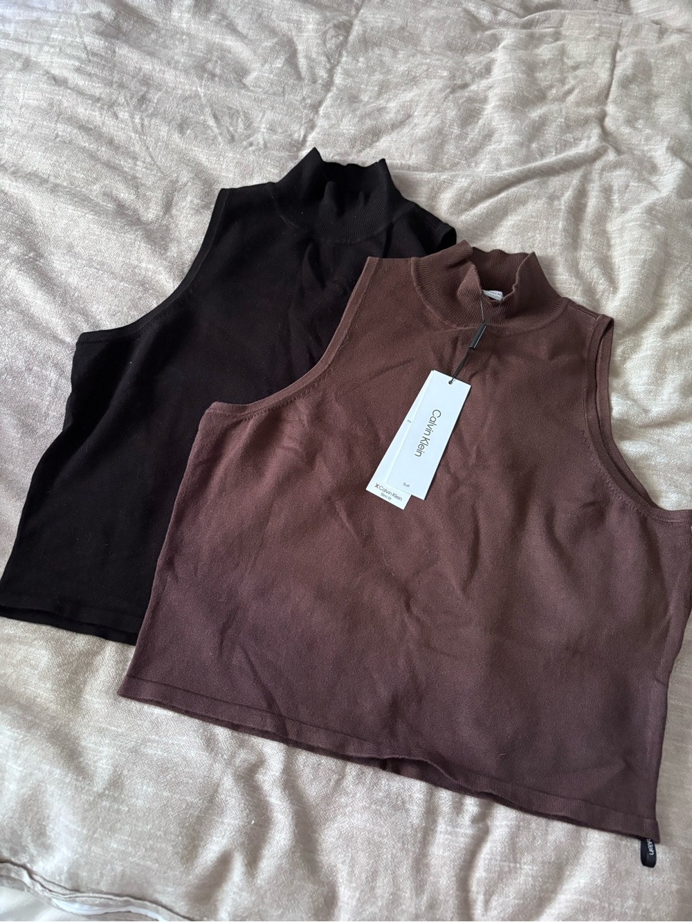 Calvin Klein Mock Neck Crop Tanks — Black & Brown